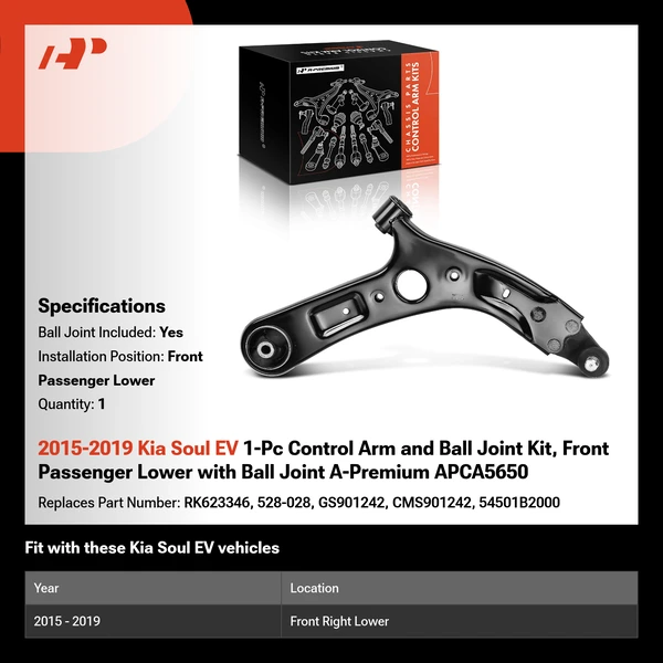 2015-2019 Kia Soul EV 1-Pc Control Arm and Ball Joint Kit, Front Passenger Lower with Ball Joint A-Premium APCA5650