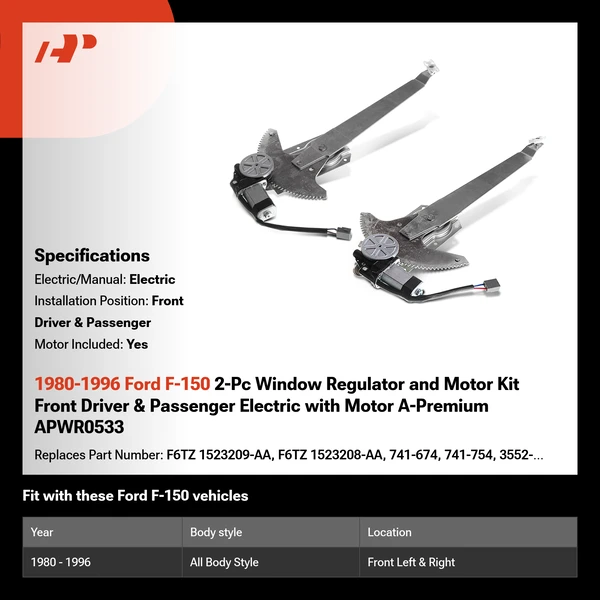 1980-1996 Ford F-150 2-Pc Window Regulator and Motor Kit Front Driver & Passenger Electric with Motor A-Premium APWR0533