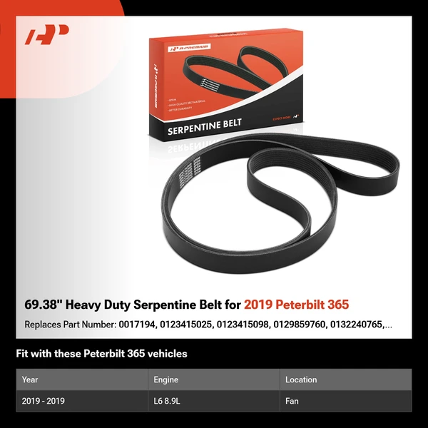 69.38" Heavy Duty Serpentine Belt for 2019 Peterbilt 365