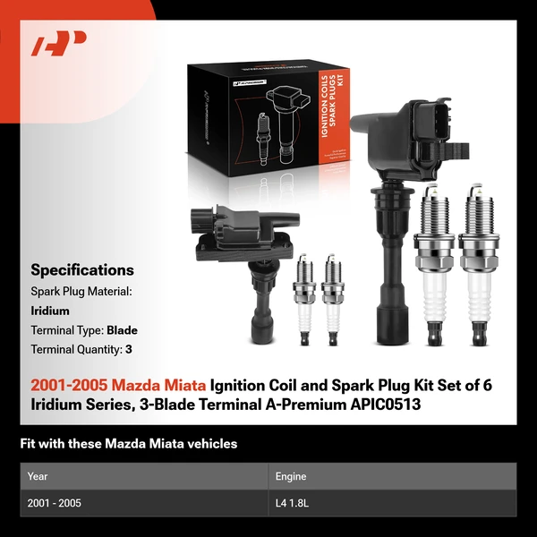 2001-2005 Mazda Miata Ignition Coil and Spark Plug Kit Set of 6 Iridium Series, 3-Blade Terminal A-Premium APIC0513