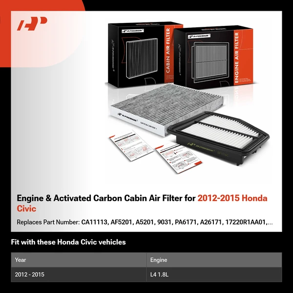 Engine & Activated Carbon Cabin Air Filter for 2012-2015 Honda Civic