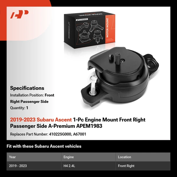 2019-2023 Subaru Ascent 1-Pc Engine Mount Front Right Passenger Side A-Premium APEM1983