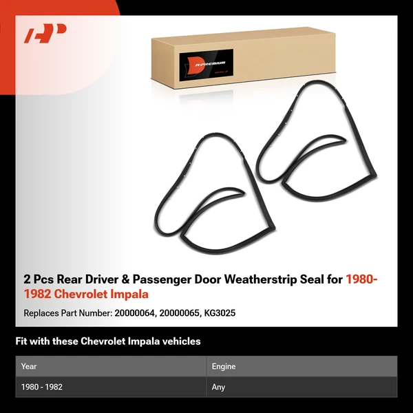 2 Pcs Rear Driver & Passenger Door Weatherstrip Seal for 1980-1982 Chevrolet Impala