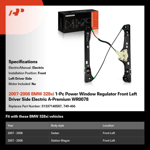 2007-2008 BMW 328xi 1-Pc Power Window Regulator Front Left Driver Side Electric A-Premium WR0078