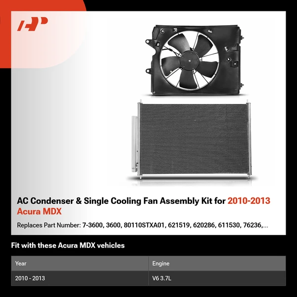 AC Condenser & Single Cooling Fan Assembly Kit for 2010-2013 Acura MDX