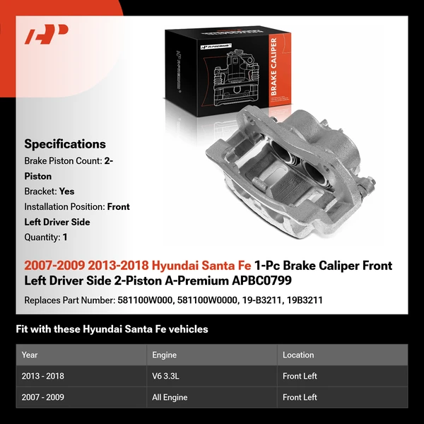 2007-2009 2013-2018 Hyundai Santa Fe 1-Pc Brake Caliper Front Left Driver Side 2-Piston A-Premium APBC0799