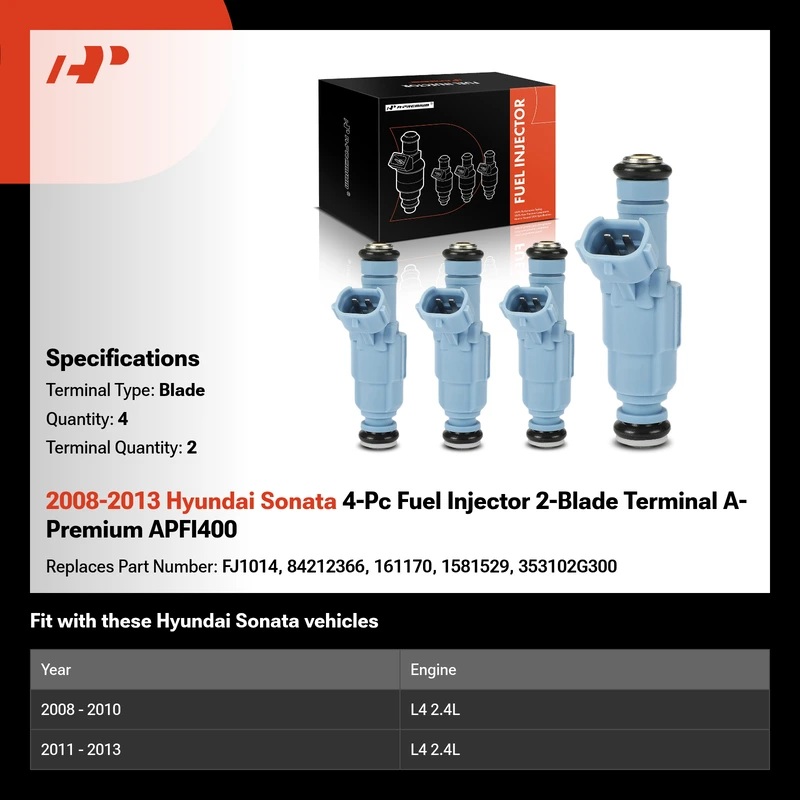2008-2013 Hyundai Sonata 4-Pc Fuel Injector 2-Blade Terminal A-Premium APFI400