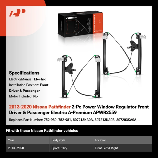 2013-2020 Nissan Pathfinder 2-Pc Power Window Regulator Front Driver & Passenger Electric A-Premium APWR2559