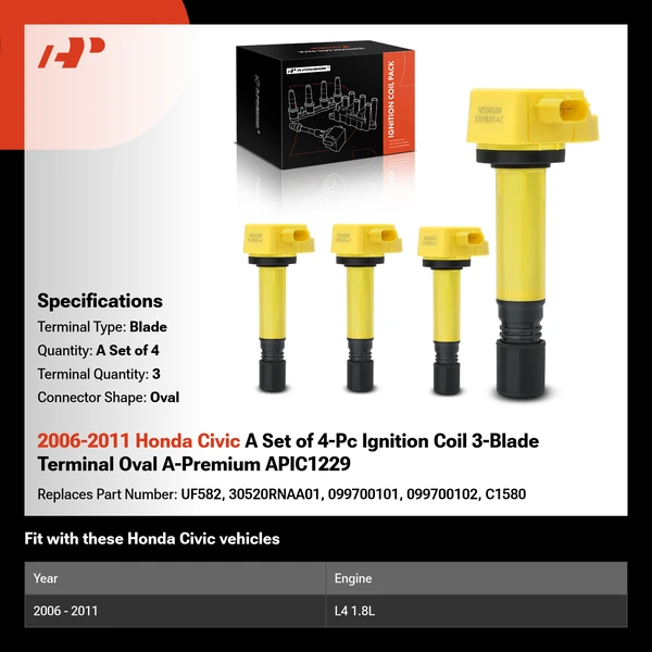 2006-2011 Honda Civic A Set of 4-Pc Ignition Coil 3-Blade Terminal Oval A-Premium APIC1229