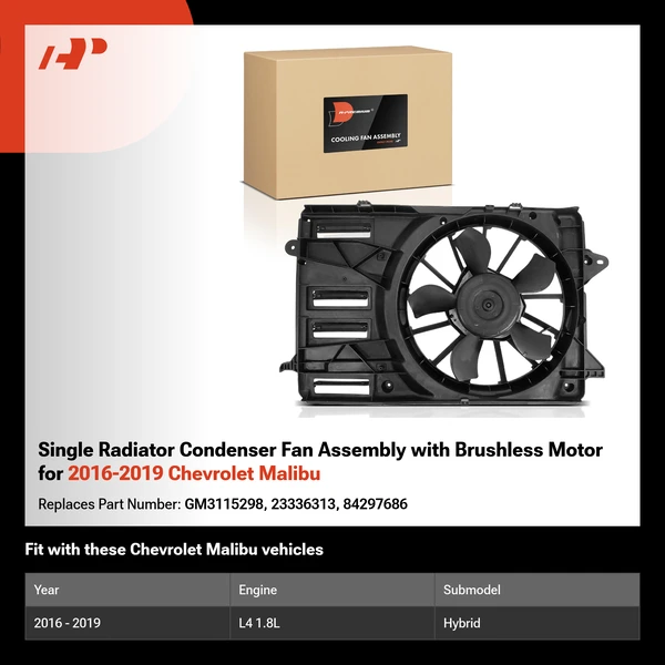 Single Radiator Condenser Fan Assembly with Brushless Motor for 2016-2019 Chevrolet Malibu