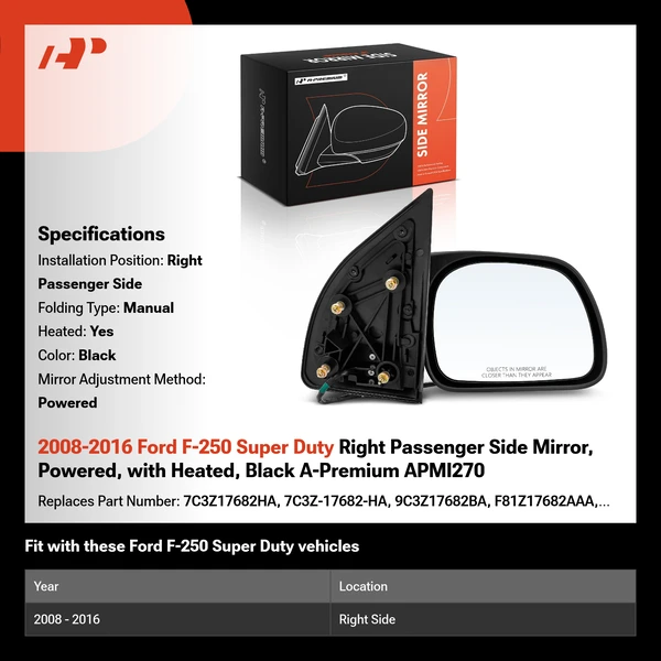 2008-2016 Ford F-250 Super Duty Right Passenger Side Mirror, Powered, with Heated, Black A-Premium APMI270
