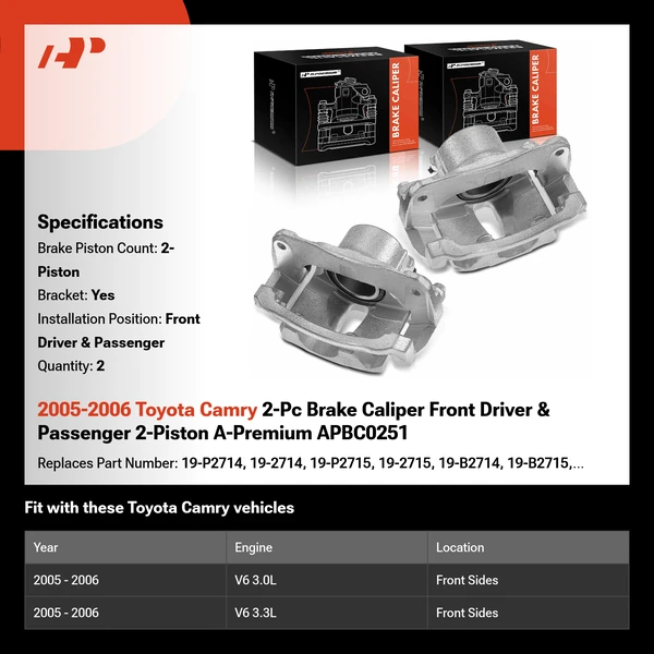 2005-2006 Toyota Camry 2-Pc Brake Caliper Front Driver & Passenger 2-Piston A-Premium APBC0251