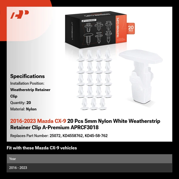 2016-2023 Mazda CX-9 20 Pcs 5mm Nylon White Weatherstrip Retainer Clip A-Premium APRCF3018