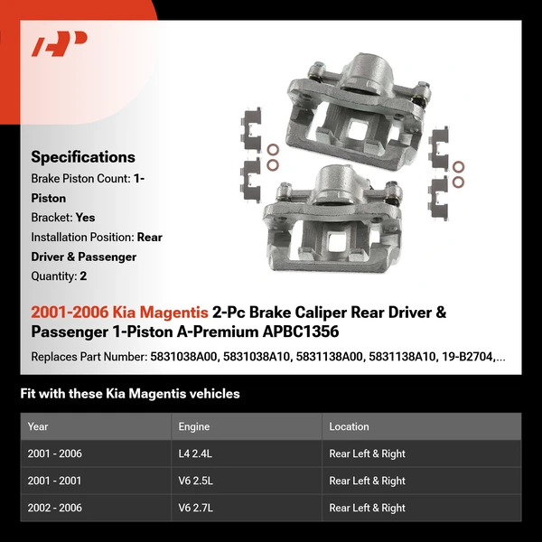 2001-2006 Kia Magentis 2-Pc Brake Caliper Rear Driver & Passenger 1-Piston A-Premium APBC1356