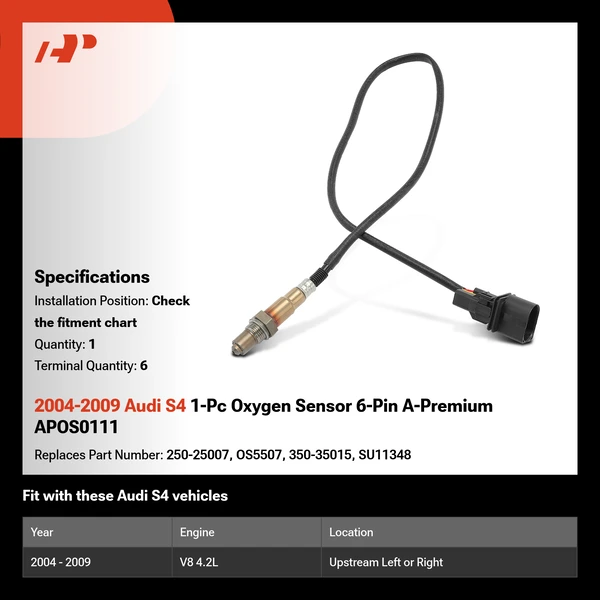2004-2009 Audi S4 1-Pc Oxygen Sensor 6-Pin A-Premium APOS0111