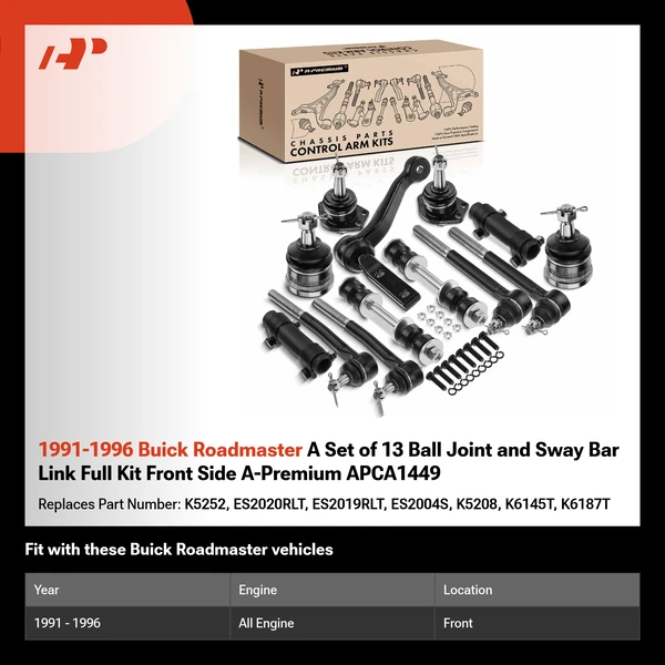 1991-1996 Buick Roadmaster A Set of 13 Ball Joint and Sway Bar Link Full Kit Front Side A-Premium APCA1449