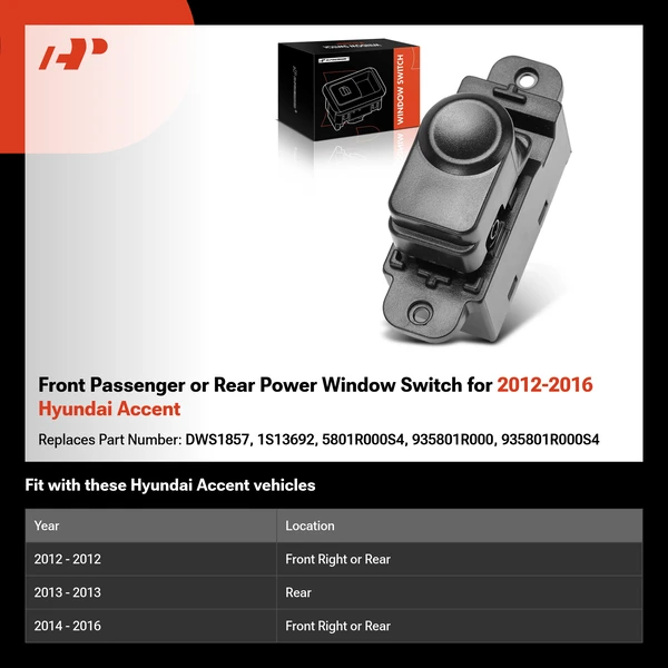 Front Passenger or Rear Power Window Switch for 2012-2016 Hyundai Accent