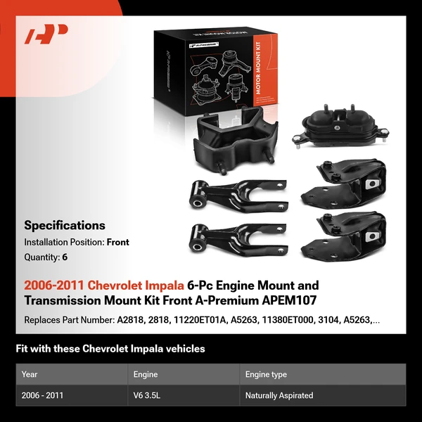 2006-2011 Chevrolet Impala 6-Pc Engine Mount and Transmission Mount Kit Front A-Premium APEM107