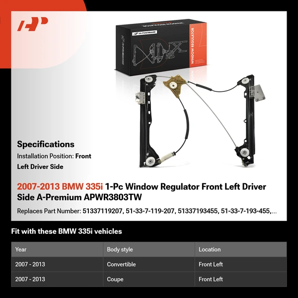 2007-2013 BMW 335i 1-Pc Window Regulator Front Left Driver Side A-Premium APWR3803TW