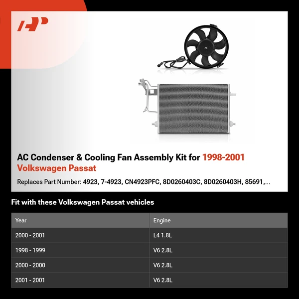 AC Condenser & Cooling Fan Assembly Kit for 1998-2001 Volkswagen Passat