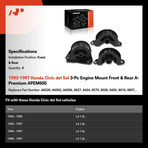 1993-1997 Honda Civic del Sol 3-Pc Engine Mount Front & Rear A-Premium APEM605