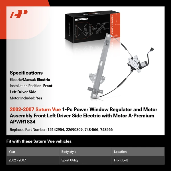 2002-2007 Saturn Vue 1-Pc Power Window Regulator and Motor Assembly Front Left Driver Side Electric with Motor A-Premium APWR1834