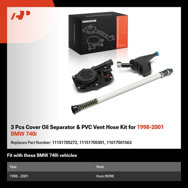 3 Pcs Cover Oil Separator & PVC Vent Hose Kit for 1998-2001 BMW 740i