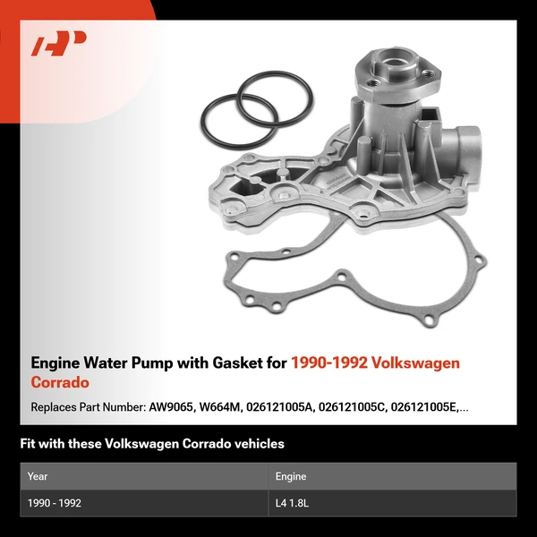 Engine Water Pump with Gasket for 1990-1992 Volkswagen Corrado