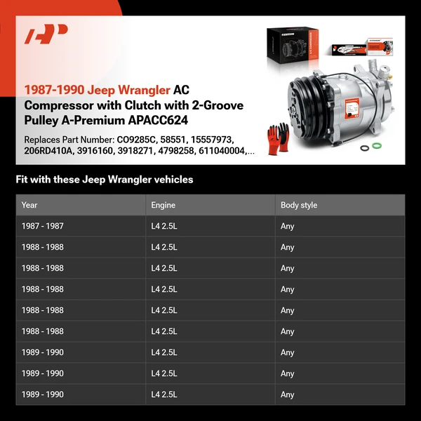 1987-1990 Jeep Wrangler AC Compressor with Clutch with 2-Groove Pulley A-Premium APACC624
