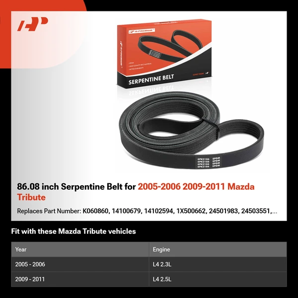 86.08 inch Serpentine Belt for 2005-2006 2009-2011 Mazda Tribute
