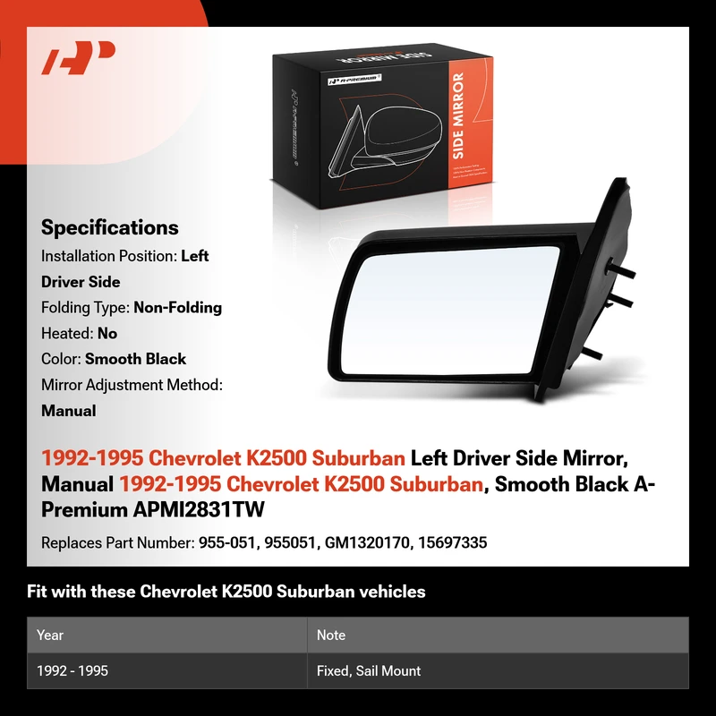 1992-1995 Chevrolet K2500 Suburban Left Driver Side Mirror, Manual 1992-1995 Chevrolet K2500 Suburban, Smooth Black A-Premium APMI2831TW
