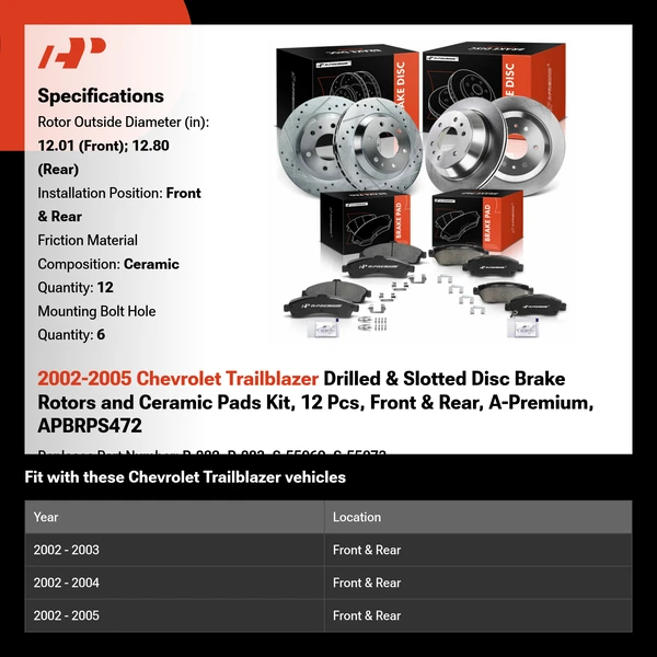 2002-2005 Chevrolet Trailblazer Drilled & Slotted Disc Brake Rotors and Ceramic Pads Kit, 12 Pcs, Front & Rear, A-Premium, APBRPS472