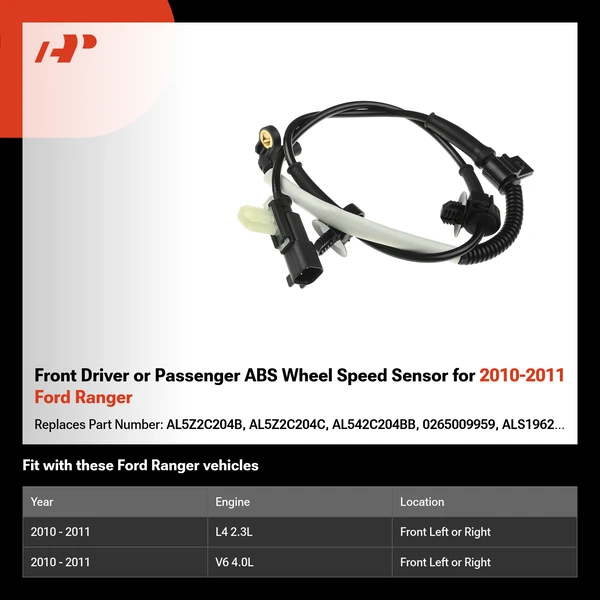 Front Driver or Passenger ABS Wheel Speed Sensor for 2010-2011 Ford Ranger