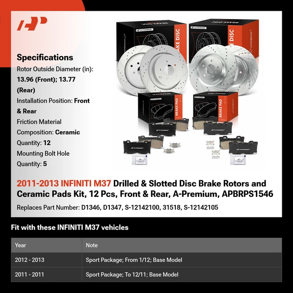 2011-2013 INFINITI M37 Drilled & Slotted Disc Brake Rotors and Ceramic Pads Kit, 12 Pcs, Front & Rear, A-Premium, APBRPS1546