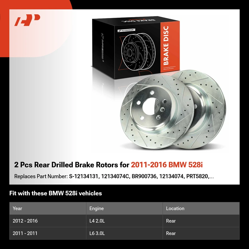 2 Pcs Rear Drilled Brake Rotors for 2011-2016 BMW 528i