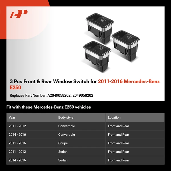 3 Pcs Front & Rear Window Switch for 2011-2016 Mercedes-Benz E250
