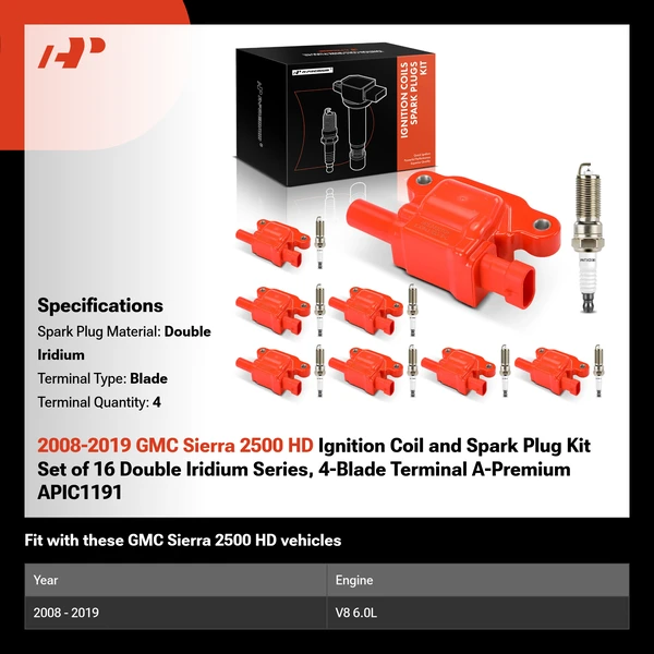 2008-2019 GMC Sierra 2500 HD Ignition Coil and Spark Plug Kit Set of 16 Double Iridium Series, 4-Blade Terminal A-Premium APIC1191