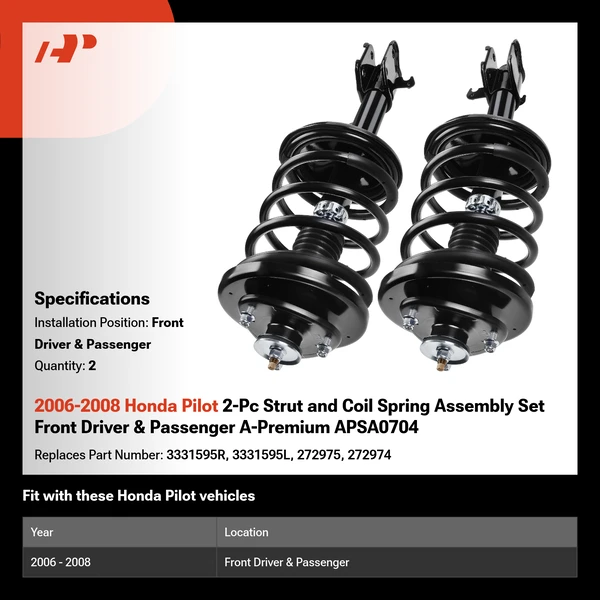 2006-2008 Honda Pilot 2-Pc Strut and Coil Spring Assembly Set Front Driver & Passenger A-Premium APSA0704