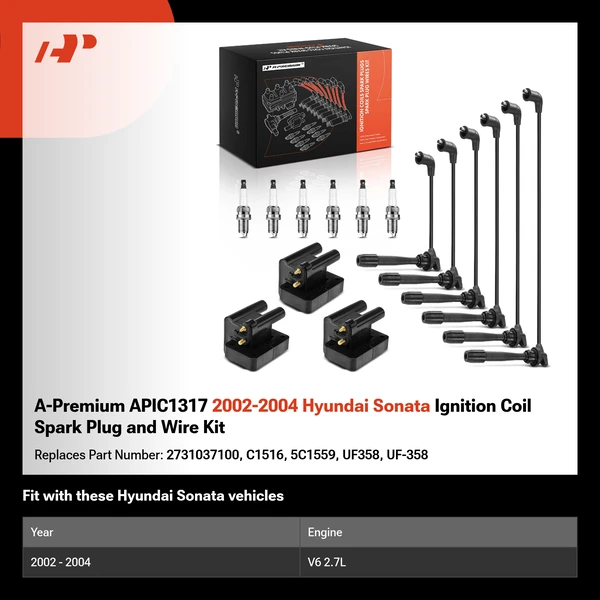 A-Premium APIC1317 2002-2004 Hyundai Sonata Ignition Coil Spark Plug and Wire Kit