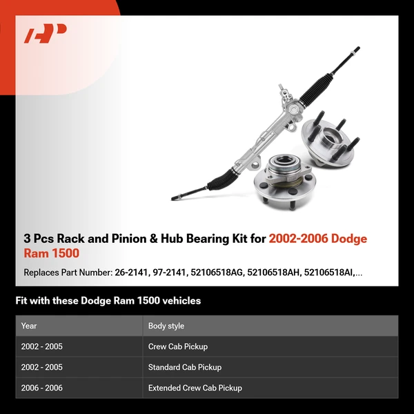 3 Pcs Rack and Pinion & Hub Bearing Kit for 2002-2006 Dodge Ram 1500