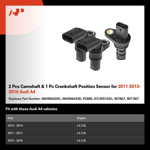 2 Pcs Camshaft & 1 Pc Crankshaft Position Sensor for 2011 2013-2016 Audi A4