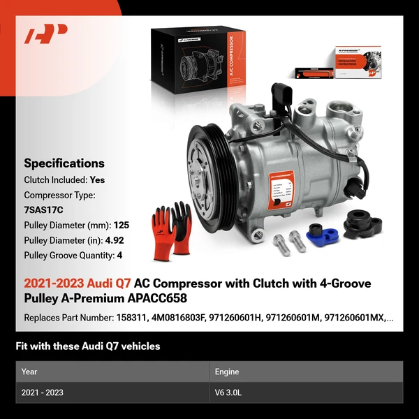 2021-2023 Audi Q7 AC Compressor with Clutch with 4-Groove Pulley A-Premium APACC658