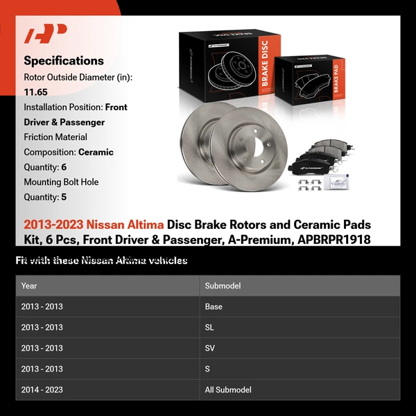 2013-2023 Nissan Altima Disc Brake Rotors and Ceramic Pads Kit, 6 Pcs, Front Driver & Passenger, A-Premium, APBRPR1918