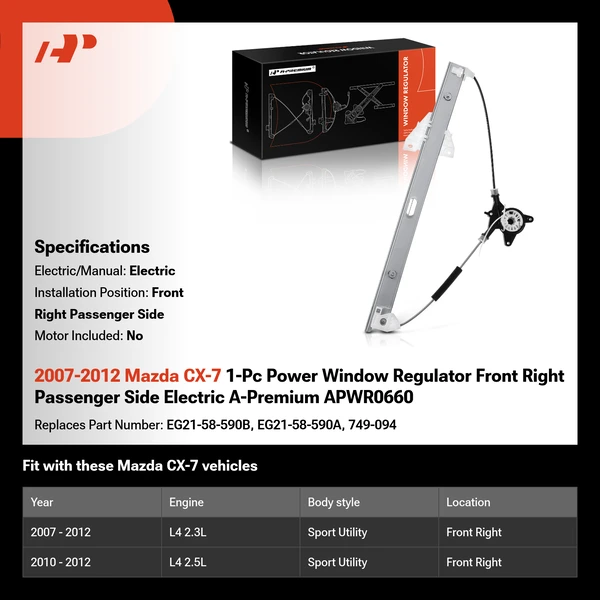 2007-2012 Mazda CX-7 1-Pc Power Window Regulator Front Right Passenger Side Electric A-Premium APWR0660