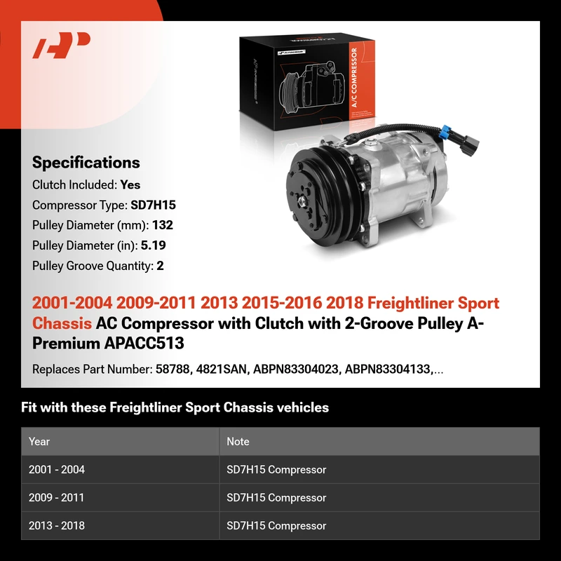 2001-2004 2009-2011 2013 2015-2016 2018 Freightliner Sport Chassis AC Compressor with Clutch with 2-Groove Pulley A-Premium APACC513