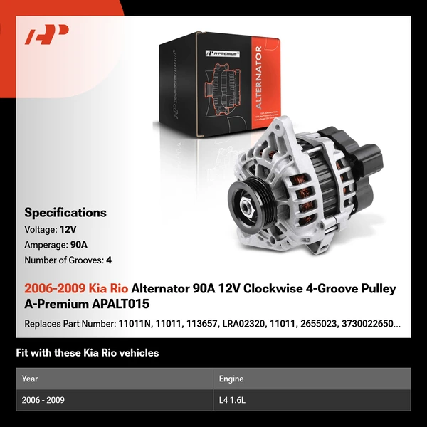 2006-2009 Kia Rio Alternator 90A 12V Clockwise 4-Groove Pulley A-Premium APALT015
