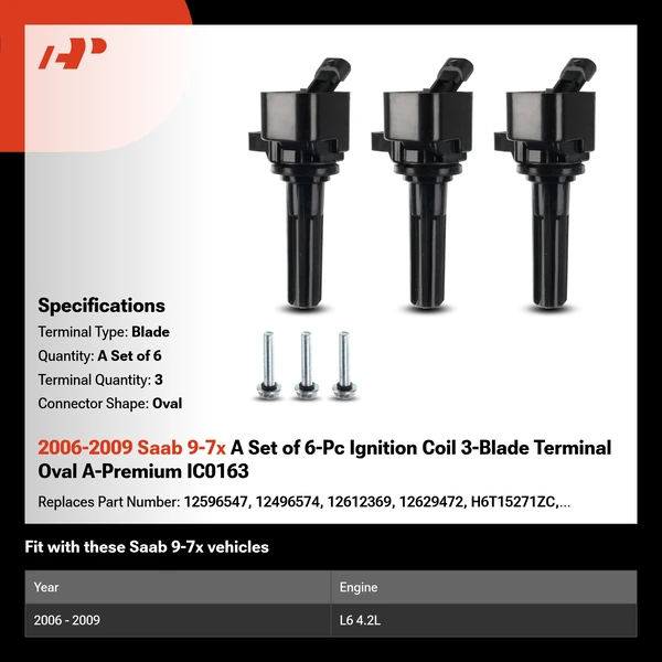 2006-2009 Saab 9-7x A Set of 6-Pc Ignition Coil 3-Blade Terminal Oval A-Premium IC0163