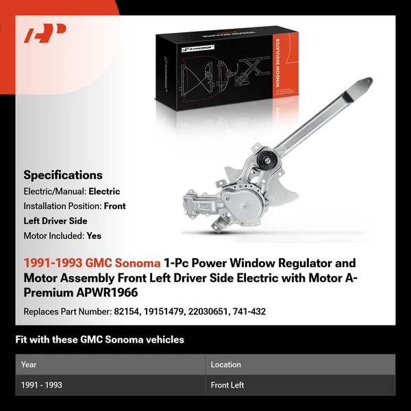 1991-1993 GMC Sonoma 1-Pc Power Window Regulator and Motor Assembly Front Left Driver Side Electric with Motor A-Premium APWR1966