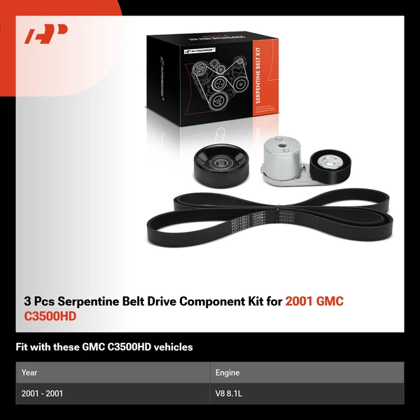 3 Pcs Serpentine Belt Drive Component Kit for 2001 GMC C3500HD