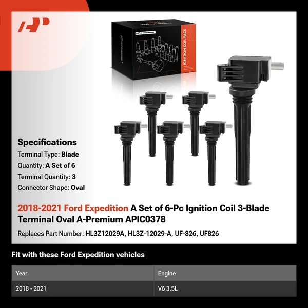 2018-2021 Ford Expedition A Set of 6-Pc Ignition Coil 3-Blade Terminal Oval A-Premium APIC0378